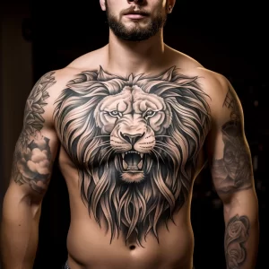 A man with a chest tattoo of a lion symbolizing cour df fa caf eafbcac _1 tattoo-photo.ru 006