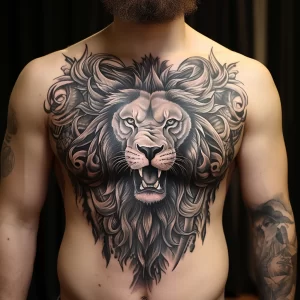 A man with a chest tattoo of a lion symbolizing cour df fa caf eafbcac _1_2 tattoo-photo.ru 007