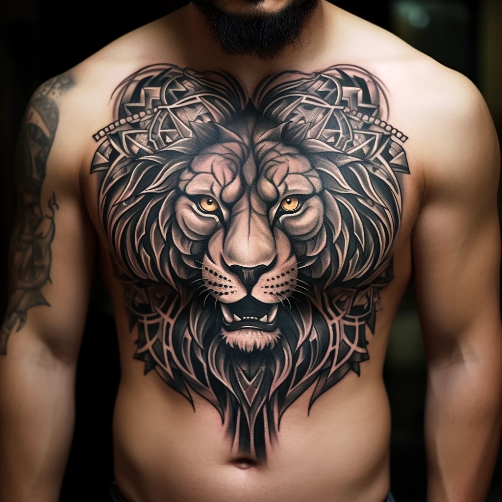 A man with a chest tattoo of a lion symbolizing cour df fa caf eafbcac tattoo-photo.ru 005