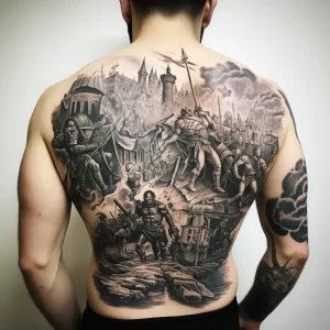 A man with a detailed tattoo of a historic battle sc fd ddfa ad bee _1_2_3 tattoo-photo.ru 011