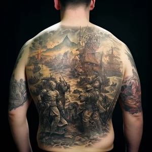 A man with a detailed tattoo of a historic battle sc fd ddfa ad bee tattoo-photo.ru 008