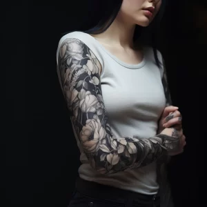A person with a full sleeve of black and grey floral ccda bf a fec tattoo-photo.ru 042