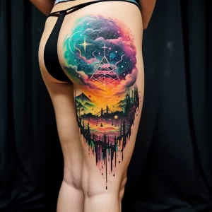 A person with a tattoo of a colorful cosmic scene on fe dd df bcf dfbddd tattoo-photo.ru 051