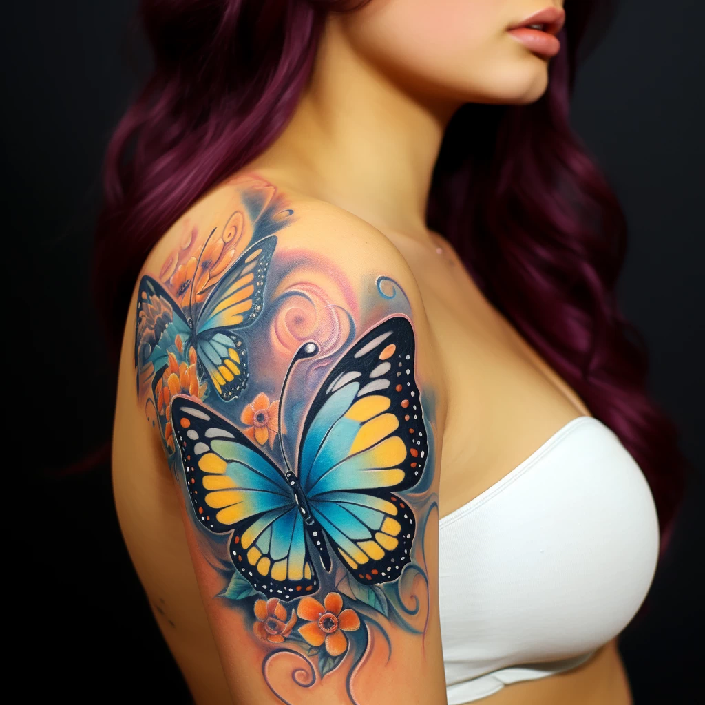 A woman with a vibrant butterfly tattoo on her shoul f c abef ddc _1_2 tattoo-photo.ru 069
