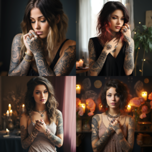 a beautiful girl with large beautiful tattoos talks and shows about the advantages of custom-made wedding rings from a jeweler 1