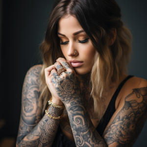 a beautiful girl with large beautiful tattoos talks and shows about the advantages of custom-made wedding rings from a jeweler 1_1