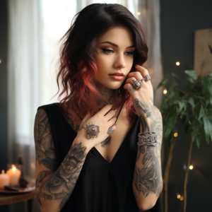 a beautiful girl with large beautiful tattoos talks and shows about the advantages of custom-made wedding rings from a jeweler 1_2