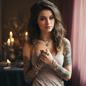 a beautiful girl with large beautiful tattoos talks and shows about the advantages of custom-made wedding rings from a jeweler 1_3