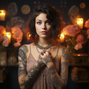 a beautiful girl with large beautiful tattoos talks and shows about the advantages of custom-made wedding rings from a jeweler 1_4