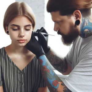 Девушка с татуировками, консультирующаяся с пирсером перед процедурой 1