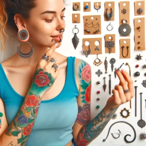 Женщина с татуировками, рассматривающая различные украшения для пирсинга 2