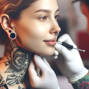 Красивая девушка с татуировками, делающая пирсинг в профессиональной студии