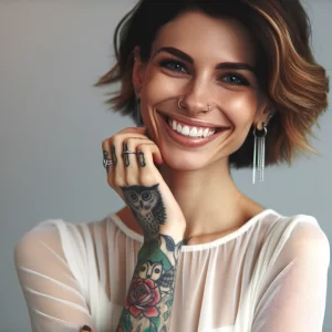 Элегантная женщина с татуировками, показывающая свой новый пирсинг 2