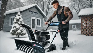 A young man with realistic tattoos on his arms and neck standing next to a Champion snow blower in a snowy yard. He is evaluating the machine, prepari