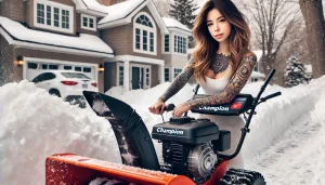 A beautiful young woman with realistic tattoos on her shoulder and wrist, operating a Champion snow blower to clear snow from a pathway in front of a