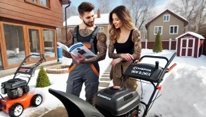 A young couple, both with realistic tattoos on their arms and bodies, standing together and discussing the features of a Champion snow blower. The man