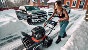 A young woman with realistic tattoos on her arms and legs inspecting the work of a Champion snow blower that has just cleared snow on a driveway. In t