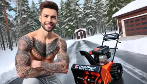 A young man with realistic tattoos on his chest and arms taking a photo of his new Champion snow blower on a cleared driveway. He is smiling proudly,