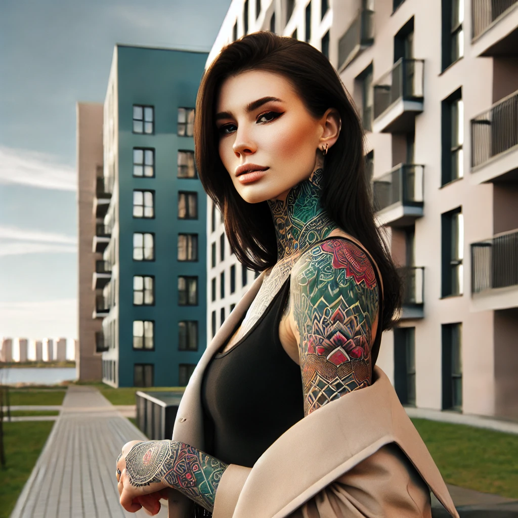 A beautiful woman with tattoos on her arms, neck, and back, standing confidently in front of a modern residential building in the Leningrad region. Sh