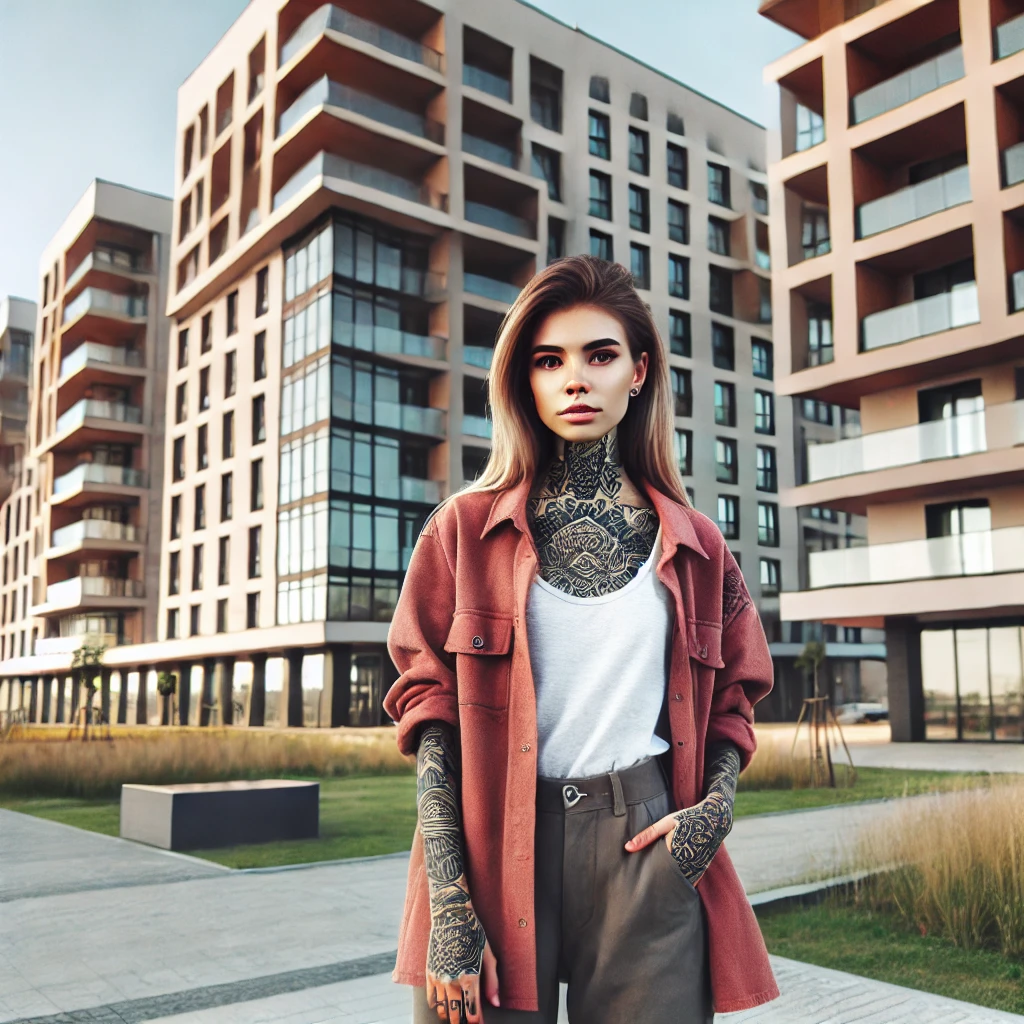 A modern woman with tattoos on her arms, legs, and chest, standing in front of a luxurious residential building in the Leningrad region. She is casual