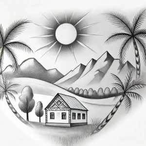 загородный дом в Краснодаре - A pencil sketch tattoo design of a Krasnodar landscape palm trees, mountains, and a sun, artistically blended into one image. At the center, a styliz 002