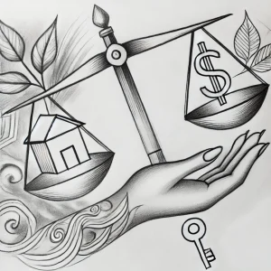 загородный дом в Краснодаре - A pencil tattoo sketch of scales with money on one side and a house on the other, symbolizing balance in purchasing decisions. Surrounding the scales 014