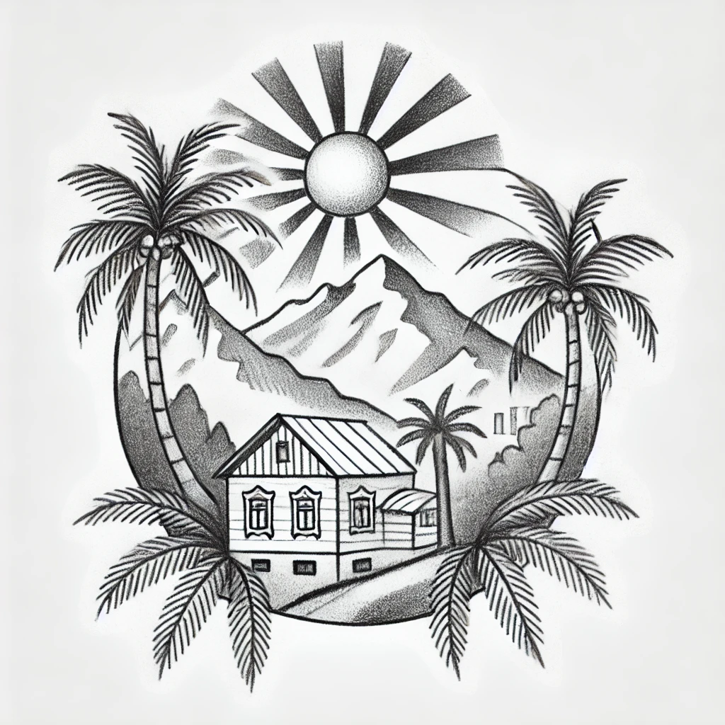 загородный дом в Краснодаре - A tattoo-style pencil sketch depicting the landscape of Krasnodar palm trees, mountains, and the sun blended into a single harmonious image. At the c 010