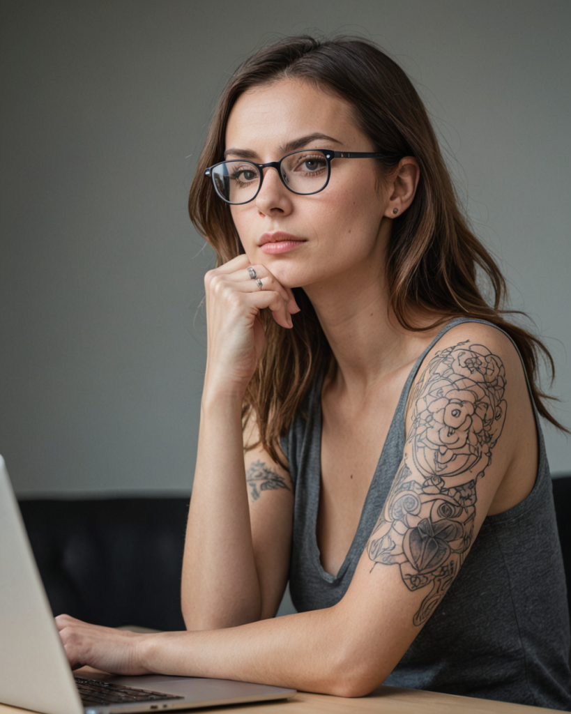 close up portrait, beautiful woman with glasses and a thoughtful expression, analyzing a poker game on her laptop, she is a mode