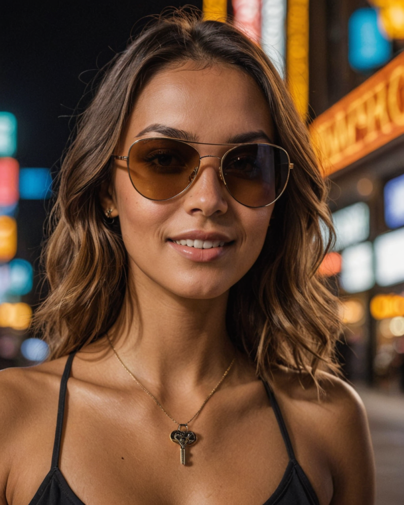 close up portrait, beautiful woman with tan skin and warm brown eyes, wearing large designer sunglasses that reflect casino ligh