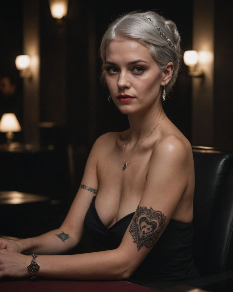 medium close up, mysterious woman with silver hair in a dimly lit VIP lounge, she is holding a single dice, her expression is en