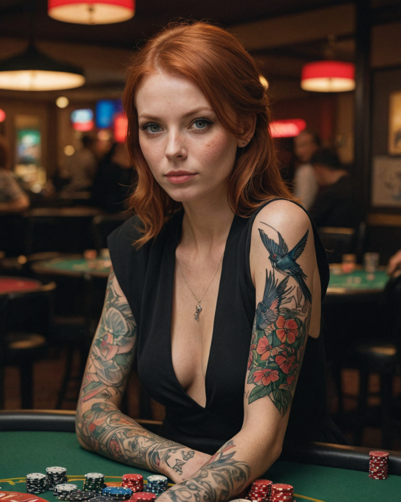 medium shot, attractive redhead woman with captivating green eyes, leaning against a roulette table, holding a stack of casino c