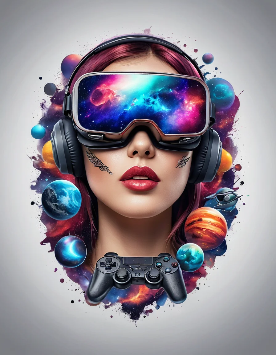Гармоничная композиция татуировки 3D-очков, сочетающаяся с элементами VR-шлема, игрового контроллера, галактики или абстрактных форм, выполненная в фотореалистичном стиле.