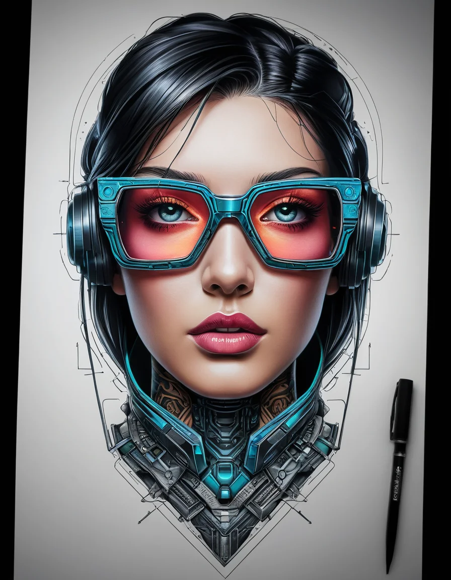 Футуристическая татуировка 3D-очков в стиле киберпанк, с неоновым свечением, геометрическими формами и металлическими элементами, демонстрирующая передовые технологии, в фотореалистичном исполнении.