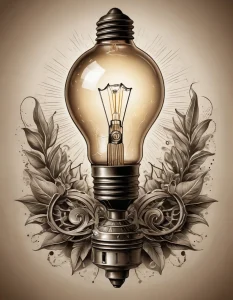 Фотореалистичное изображение винтажной лампочки накаливания как символа прогресса и истории, нарисованное в сепии с драматическим освещением.