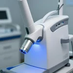 Современный пикосекундный лазерный аппарат для удаления татуировок, оснащенный синей подсветкой и эргономичным дизайном, готов к работе в клинике.