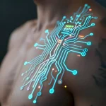 Футуристичная светящаяся татуировка в виде микросхемы на мужской груди. Голубые неоновые дорожки и активные датчики символизируют интеграцию биосенсоров в кожу для мониторинга здоровья в 2026 году.