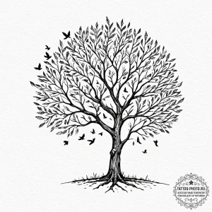 Tattoo design a tree whose leaves are falling... - эскиз тату (№1751031985_0, 27.06.2025 13:46) — tattoo-photo.ru