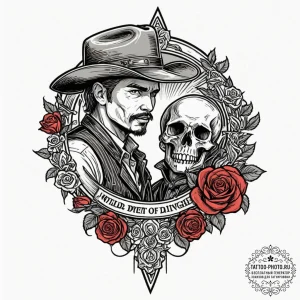 Wild west gunslinger duel, tattoo line art, f... - эскиз тату (№1751032622_0, 27.06.2025 13:57) — tattoo-photo.ru