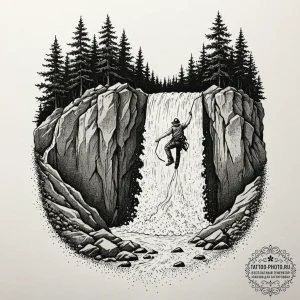 A person repelling down a waterfall., ink ill… — эскиз тату (№1751034856_0, 27.06.2025 14:34) — tattoo-photo.ru