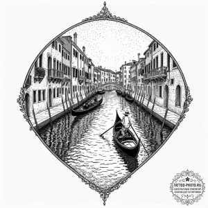 A single gondola gliding through a quiet vene... - эскиз тату (№1751036175_0, 27.06.2025 14:56) — tattoo-photo.ru