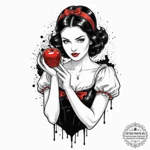 A trash polka tattoo of snow white holding a... - эскиз тату (№1751037221_0, 27.06.2025 15:13) — tattoo-photo.ru