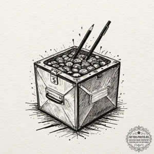 A trash polka composition of the mystery box... - эскиз тату (№1751038606_0, 27.06.2025 15:36) — tattoo-photo.ru