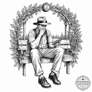 A person playing a harmonica on a porch swing... - эскиз тату (№1751039770_0, 27.06.2025 15:56) — tattoo-photo.ru