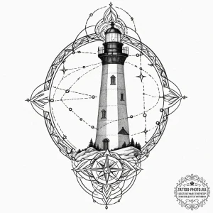 Lighthouse beam revealing constellations, tat... - эскиз тату (№1751039884_0, 27.06.2025 15:58) — tattoo-photo.ru
