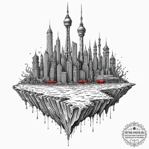 Tattoo sketch an underwater city with glowing... - эскиз тату (№1751042385_0, 27.06.2025 16:39) — tattoo-photo.ru