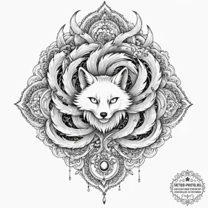 A kitsune with its nine tails, tattoo drawing… — эскиз тату (№1751044813_0, 27.06.2025 17:20) — tattoo-photo.ru