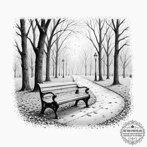 A lonely bench in a city park during autumn,… — эскиз тату (№1751045412_0, 27.06.2025 17:30) — tattoo-photo.ru