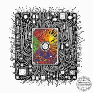 A close-up of a computer motherboard., ink il… — эскиз тату (№1751045723_0, 27.06.2025 17:35) — tattoo-photo.ru