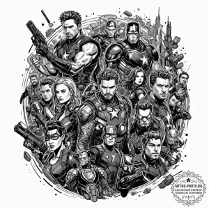 A graphic novel panel of the «avengers assemb… — эскиз тату (№1751046568_0, 27.06.2025 17:49) — tattoo-photo.ru