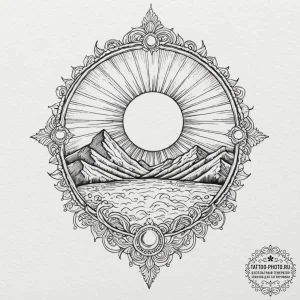 Tattoo sketch a sun rising over a mountain ra... - эскиз тату (№1751047835_0, 27.06.2025 18:10) — tattoo-photo.ru